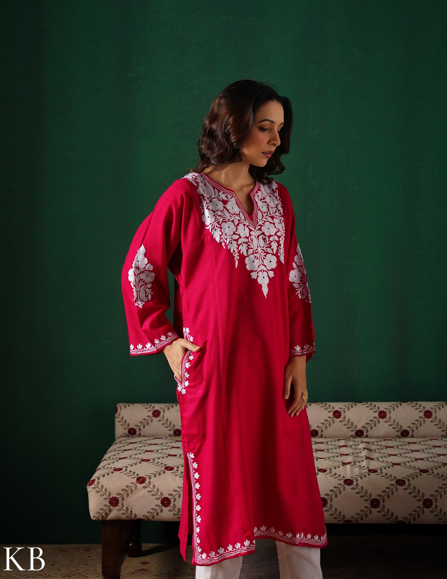 Kashmiri White Aari Embroidered Woollen Phiran – Pink | Timeless Winter Wear - Kashmir Box