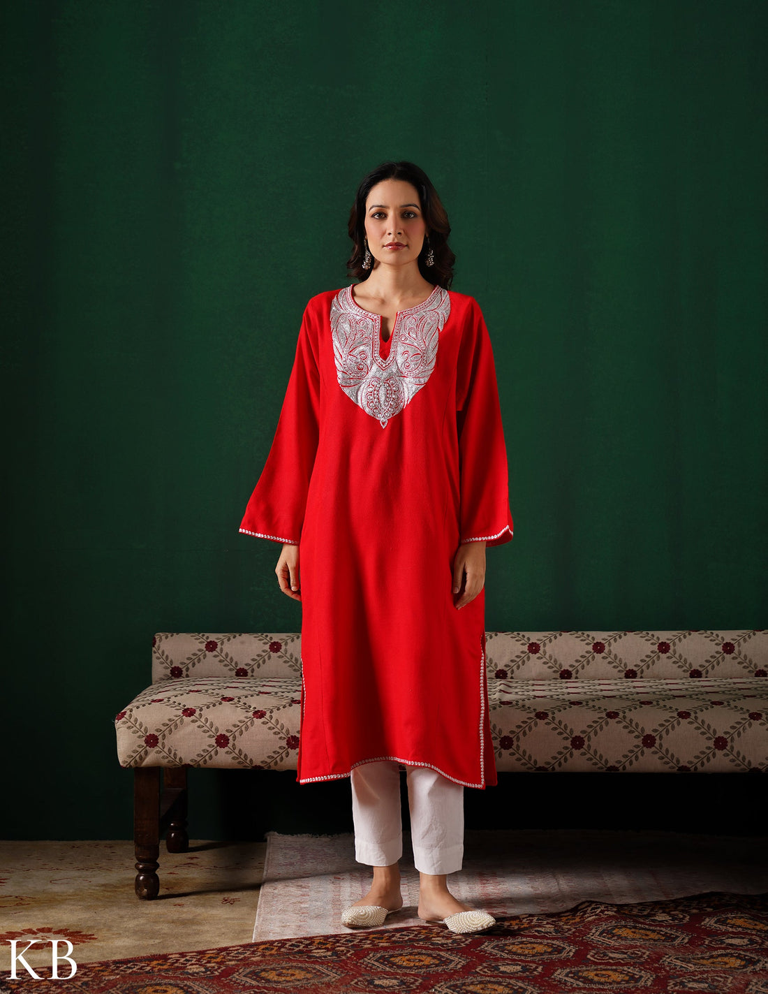 Kashmiri Silver Boti Tilla Embroidered Woollen Phiran – Blood Red | Handcrafted Heritage - Kashmir Box