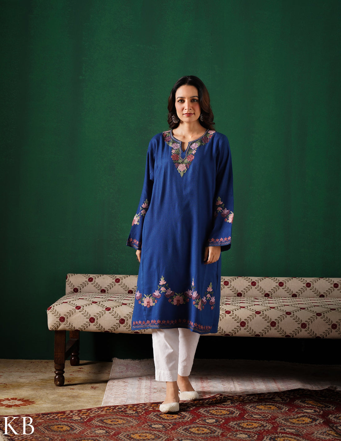 Kashmiri Purple &amp; Green Aari Embroidered Woollen Phiran – Blue | Timeless Winter Wear - Kashmir Box