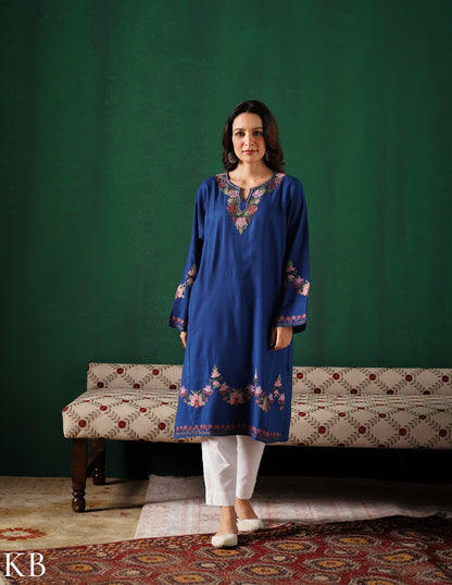 Kashmiri Purple &amp; Green Aari Embroidered Woollen Phiran – Blue | Timeless Winter Wear - Kashmir Box