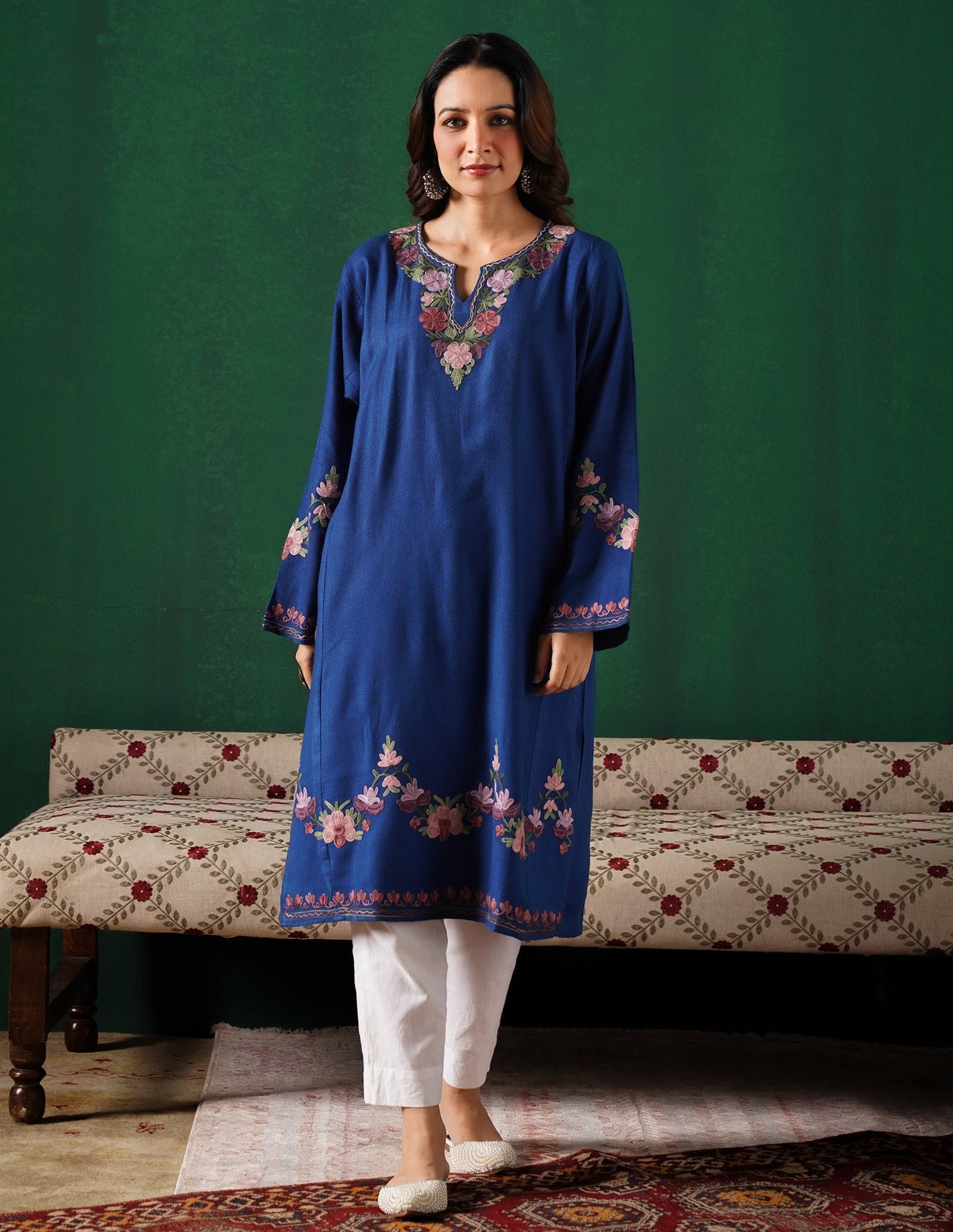 Kashmiri Purple &amp; Green Aari Embroidered Woollen Phiran – Blue | Timeless Winter Wear - Kashmir Box