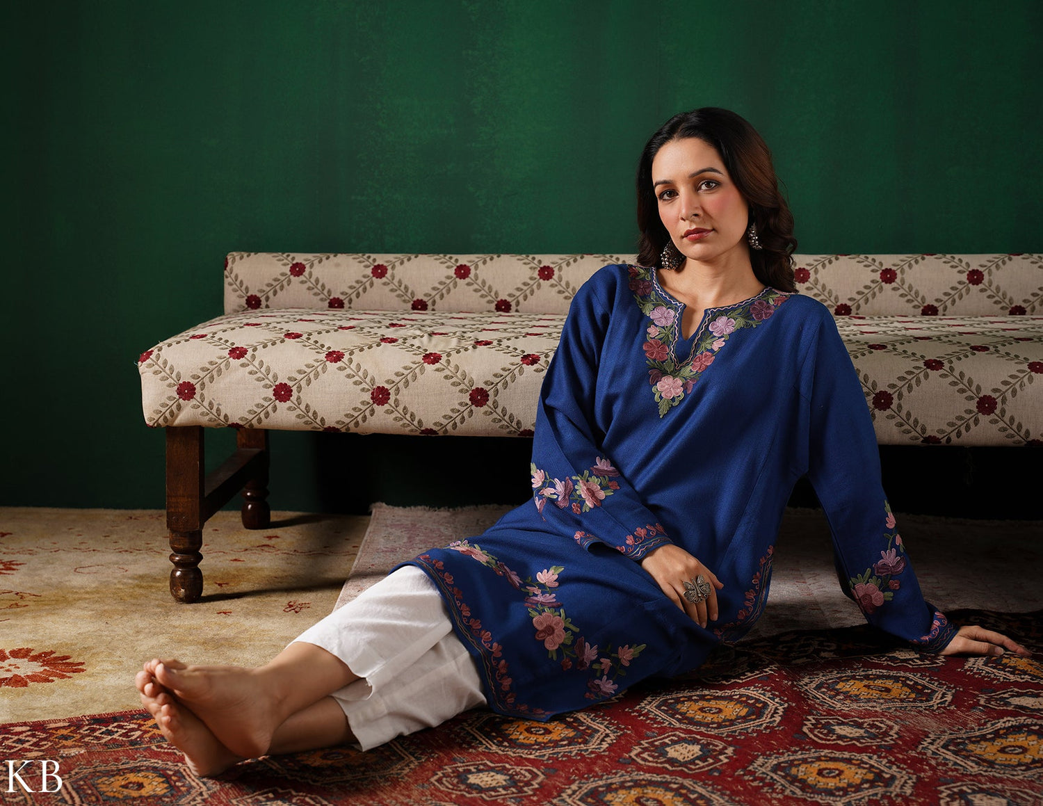 Kashmiri Purple &amp; Green Aari Embroidered Woollen Phiran – Blue | Timeless Winter Wear - Kashmir Box