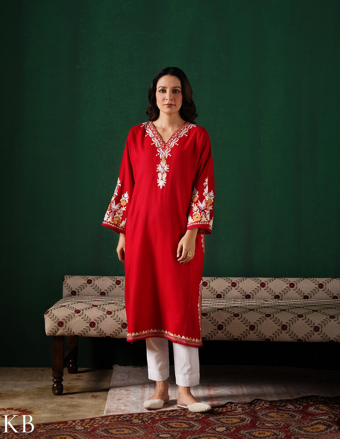 Kashmiri Light Yellow &amp; White Aari Embroidered Woollen Phiran – Red | Timeless Winter Wear - Kashmir Box