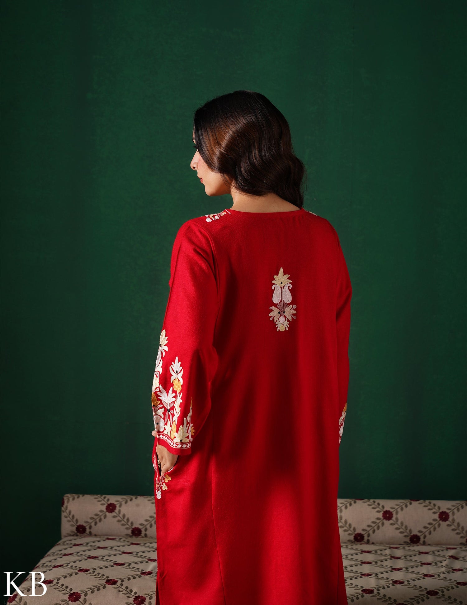 Kashmiri Light Yellow &amp; White Aari Embroidered Woollen Phiran – Red | Timeless Winter Wear - Kashmir Box
