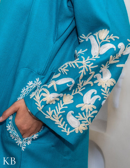 Rang-e-Khizan Turquoise Paisley Aari Phiran - Kashmir Box