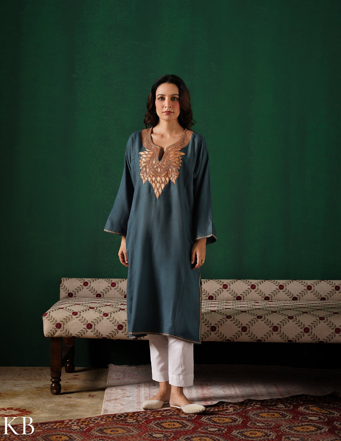 Kashmiri Golden Boti Tilla Embroidered Woollen Phiran – Grey | Handcrafted Heritage - Kashmir Box