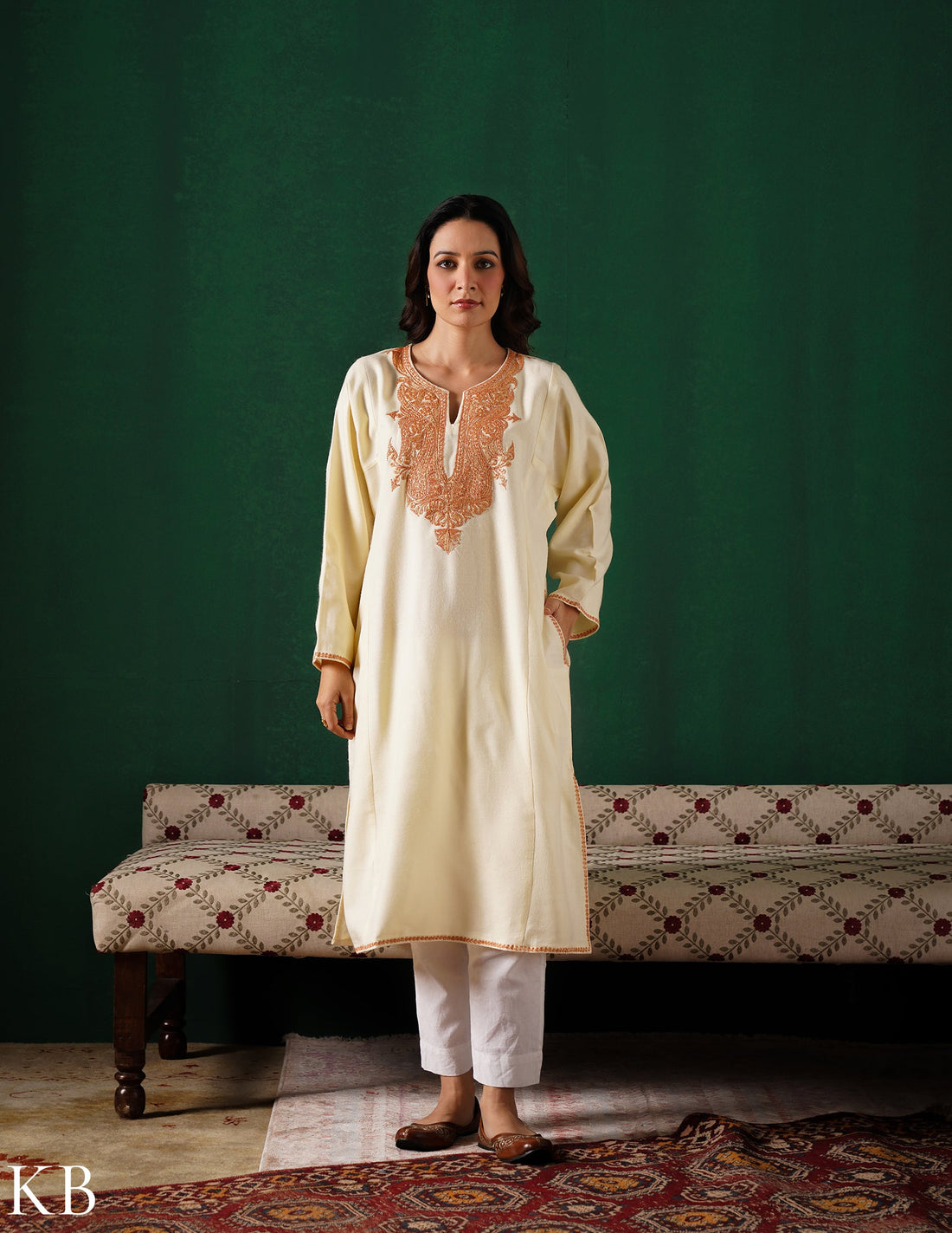 Kashmiri Golden Boti Tilla Embroidered Woollen Phiran – Eggshell White | Handcrafted Heritage - Kashmir Box