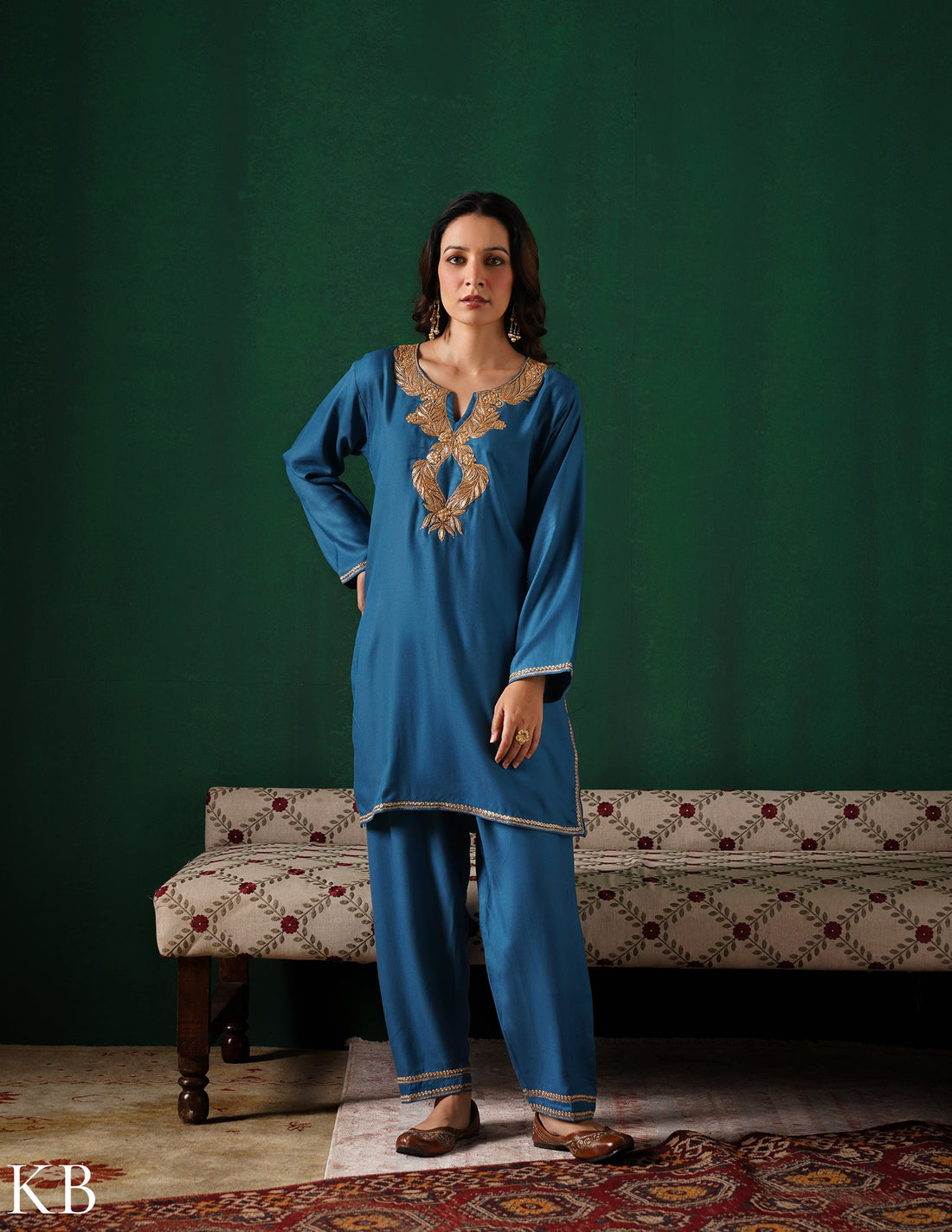 Kashmiri Golden Boti Tilla Embroidered Woollen Coordset – Teal Blue | Handcrafted Heritage - Kashmir Box