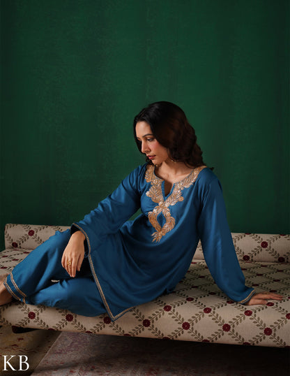 Kashmiri Golden Boti Tilla Embroidered Woollen Coordset – Teal Blue | Handcrafted Heritage - Kashmir Box