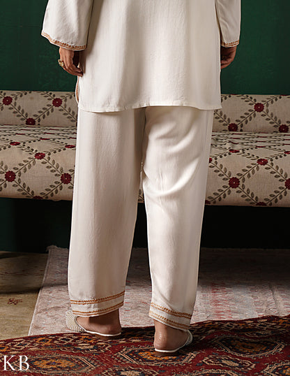 Kashmiri Golden Boti Tilla Embroidered Woollen Coordset – White | Handcrafted Heritage