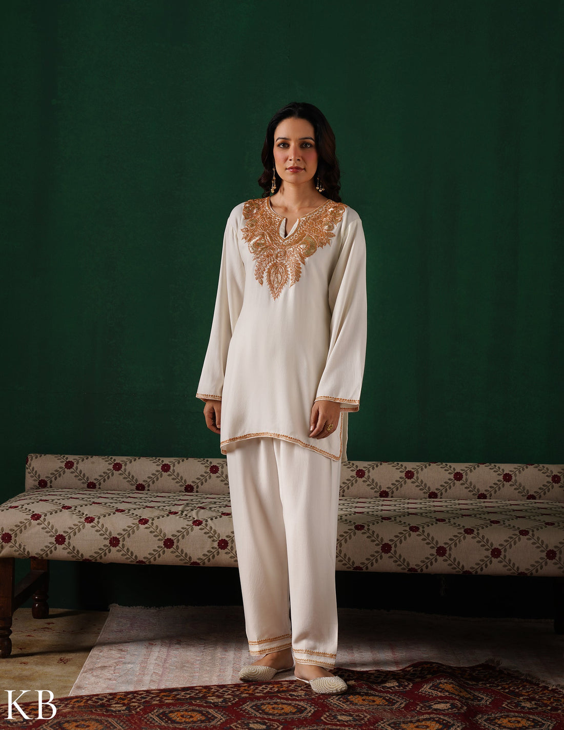 Kashmiri Golden Boti Tilla Embroidered Woollen Coordset – White | Handcrafted Heritage - Kashmir Box