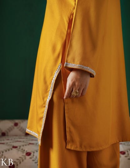 Kashmiri Silver Boti Tilla Embroidered Woollen Coordset – Mustard Yellow | Handcrafted Heritage