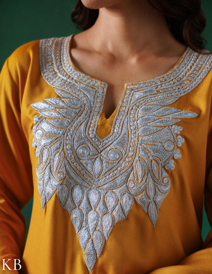 Kashmiri Silver Boti Tilla Embroidered Woollen Coordset – Mustard Yellow | Handcrafted Heritage