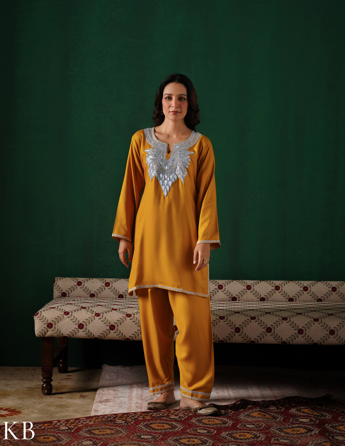 Kashmiri Silver Boti Tilla Embroidered Woollen Coordset – Mustard Yellow | Handcrafted Heritage