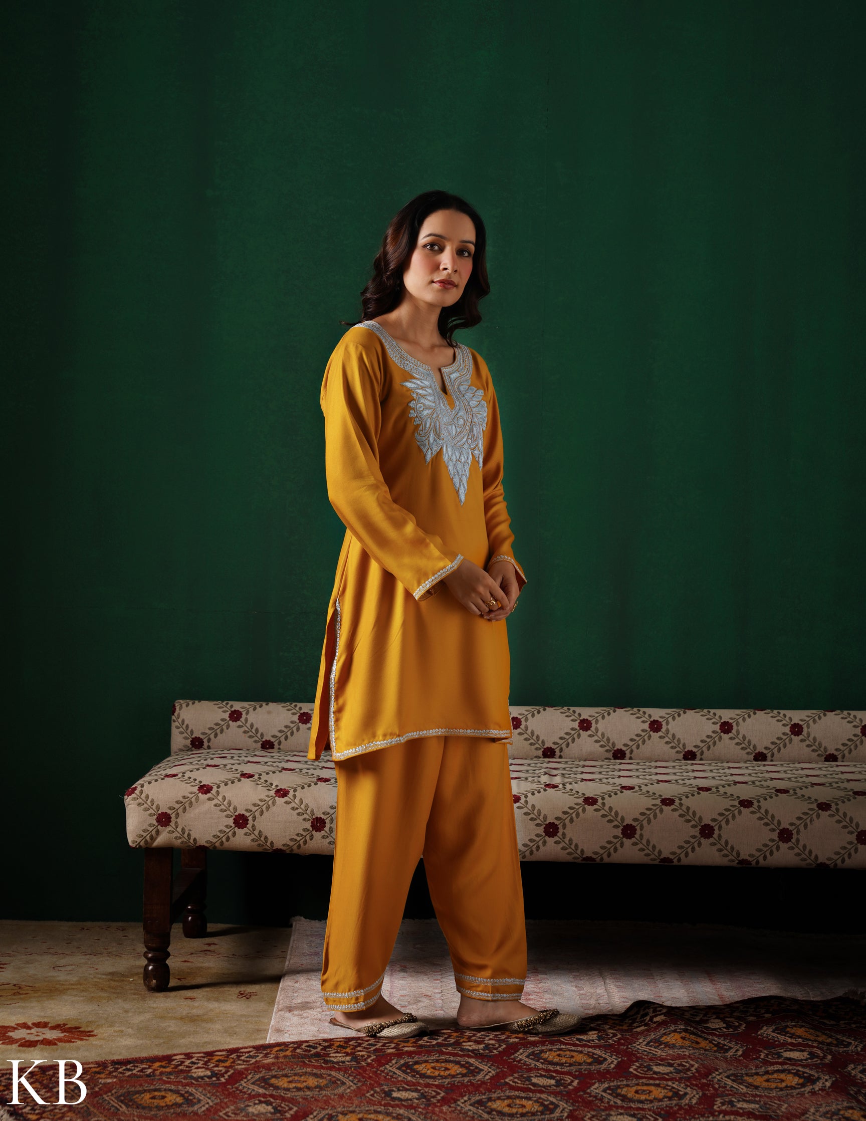 Kashmiri Silver Boti Tilla Embroidered Woollen Coordset – Mustard Yellow | Handcrafted Heritage