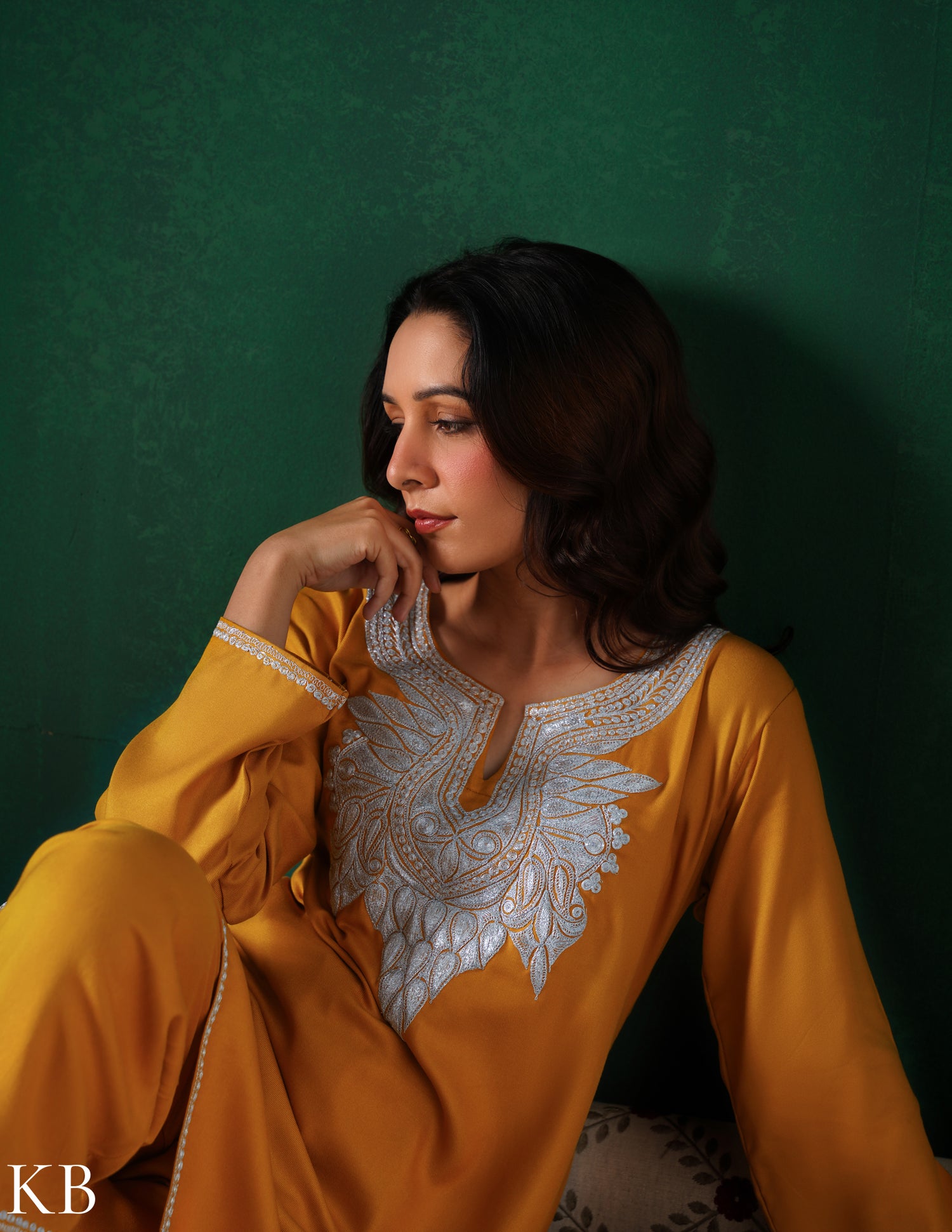 Kashmiri Silver Boti Tilla Embroidered Woollen Coordset – Mustard Yellow | Handcrafted Heritage