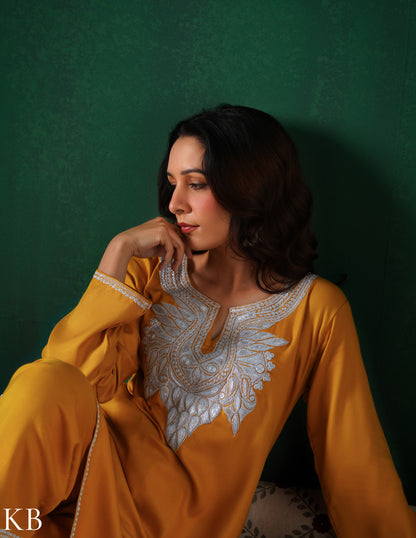 Kashmiri Silver Boti Tilla Embroidered Woollen Coordset – Mustard Yellow | Handcrafted Heritage