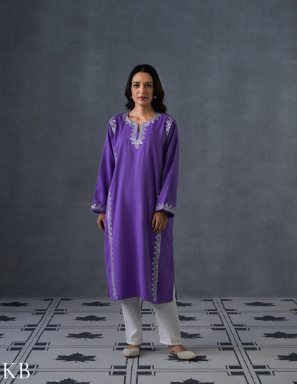 Kashmiri Silver Zari Embroidered Woollen Phiran – Purple | Timeless Winter Wear - Kashmir Box