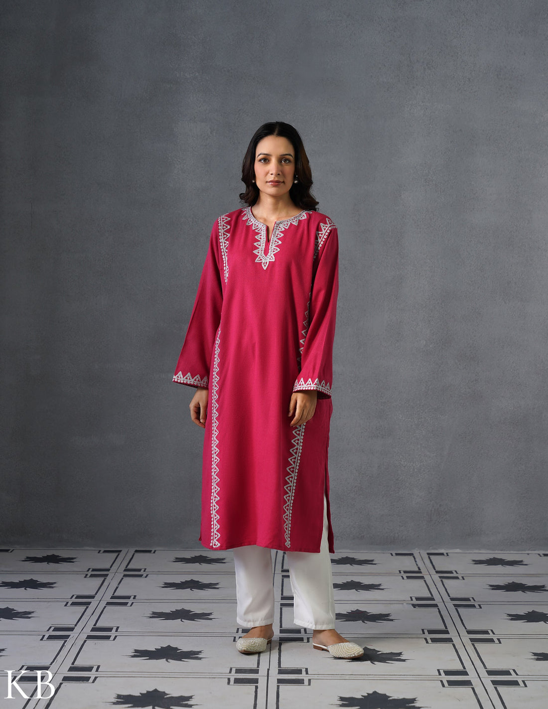 Kashmiri Silver Zari Embroidered Woollen Phiran – Pink | Timeless Winter Wear - Kashmir Box