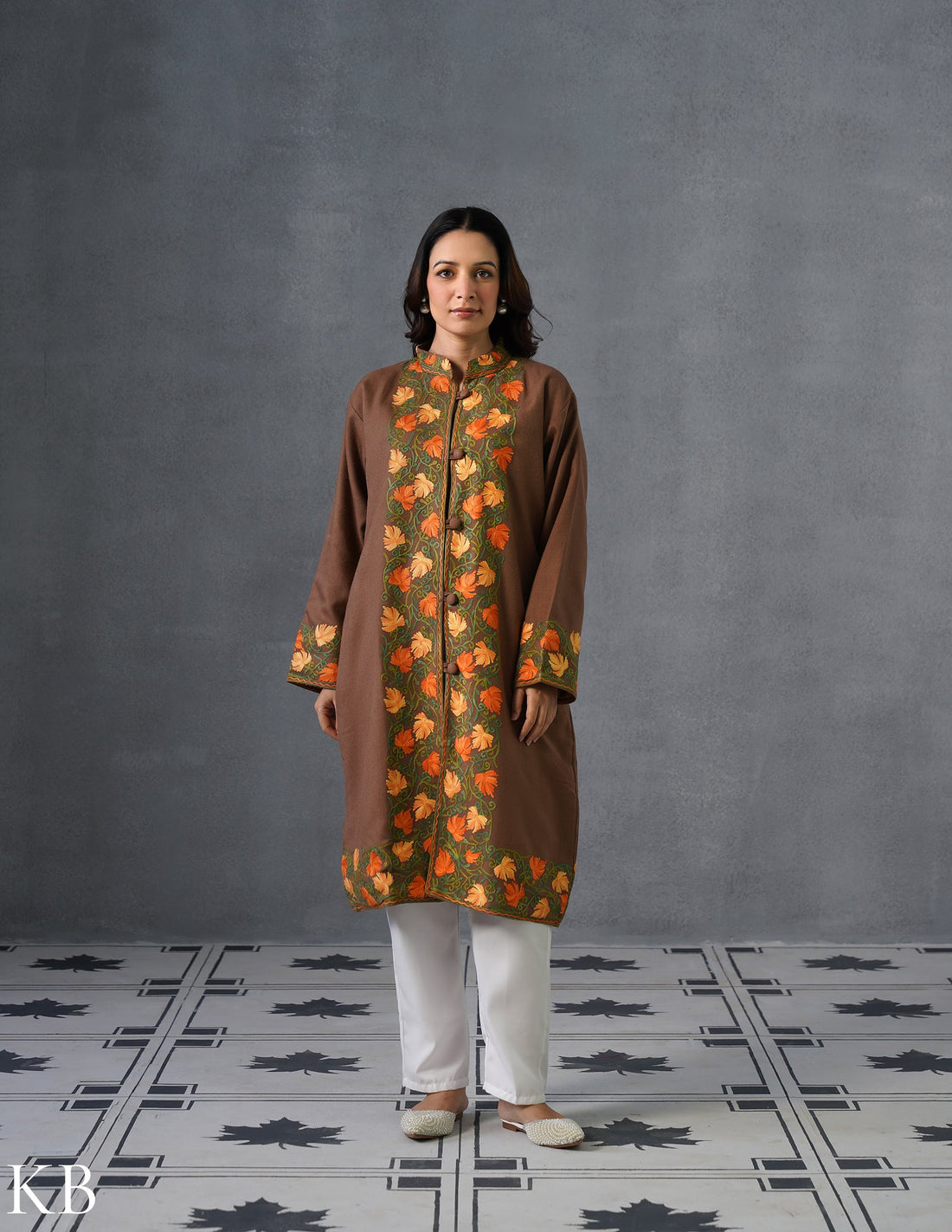 Nayaab Kashmiri Aari Embroidered Long Winter Jacket – Tea Brown | Festive Wear - Kashmir Box