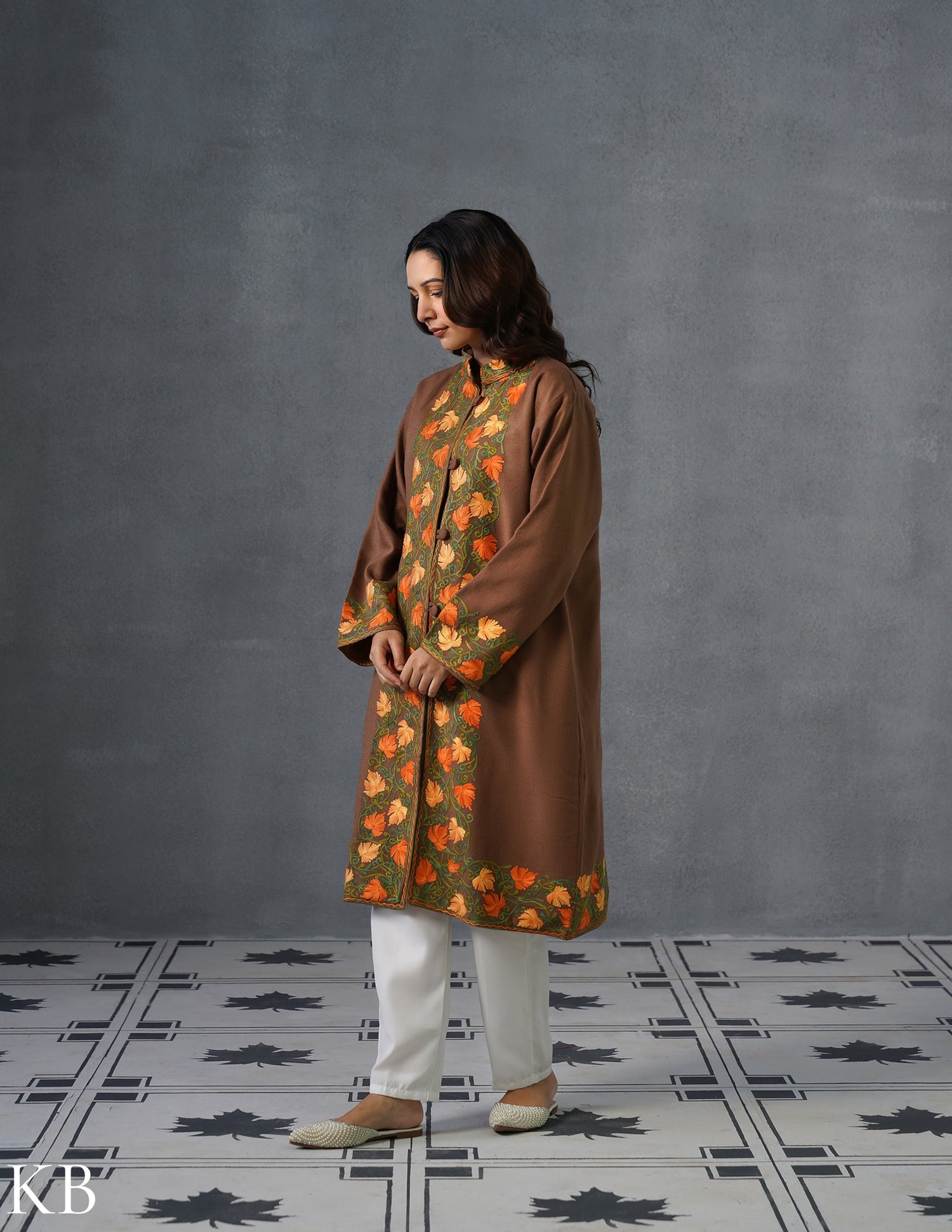 Nayaab Kashmiri Aari Embroidered Long Winter Jacket – Tea Brown | Festive Wear - Kashmir Box