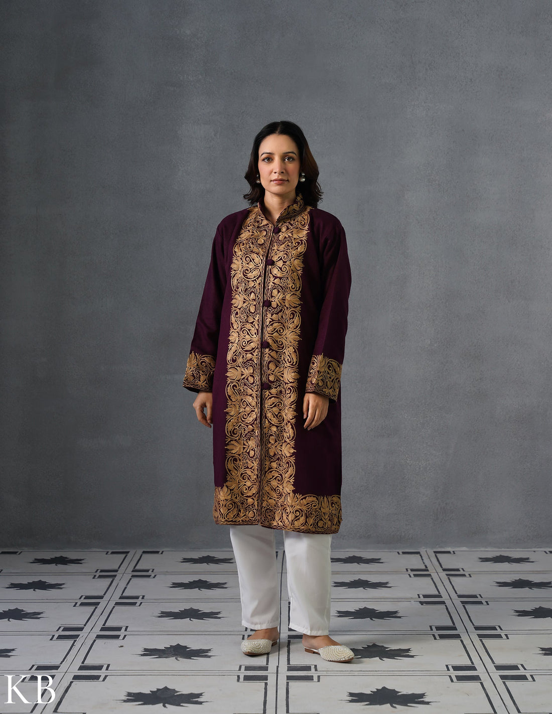 Nayaab Kashmiri Aari Embroidered Winter Jacket – Wine | Festive Wear - Kashmir Box