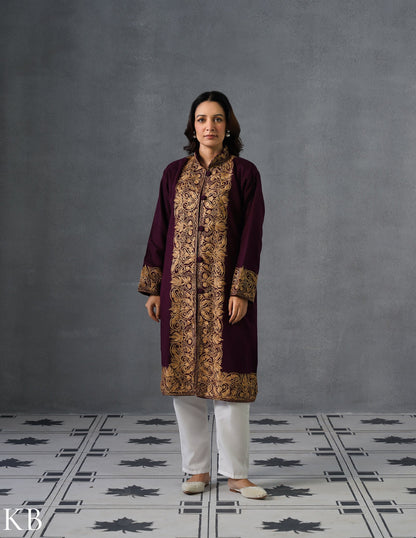 Nayaab Kashmiri Aari Embroidered Winter Jacket – Wine | Festive Wear - Kashmir Box