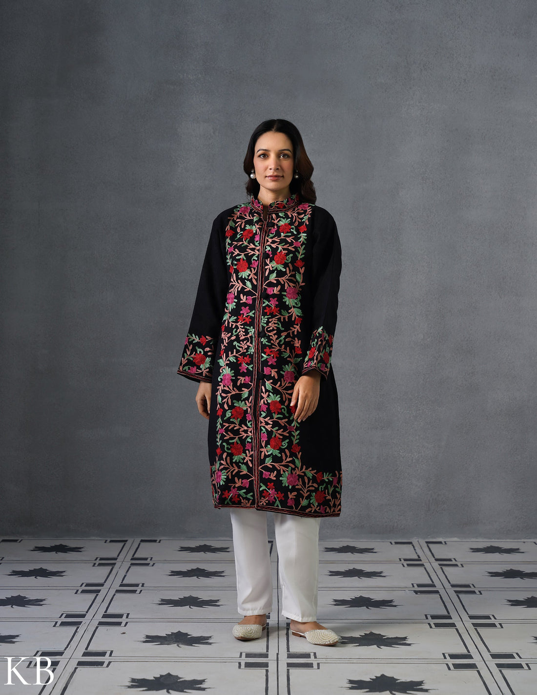 Nayaab Kashmiri Aari Embroidered Winter Jacket – Black | Festive Wear - Kashmir Box