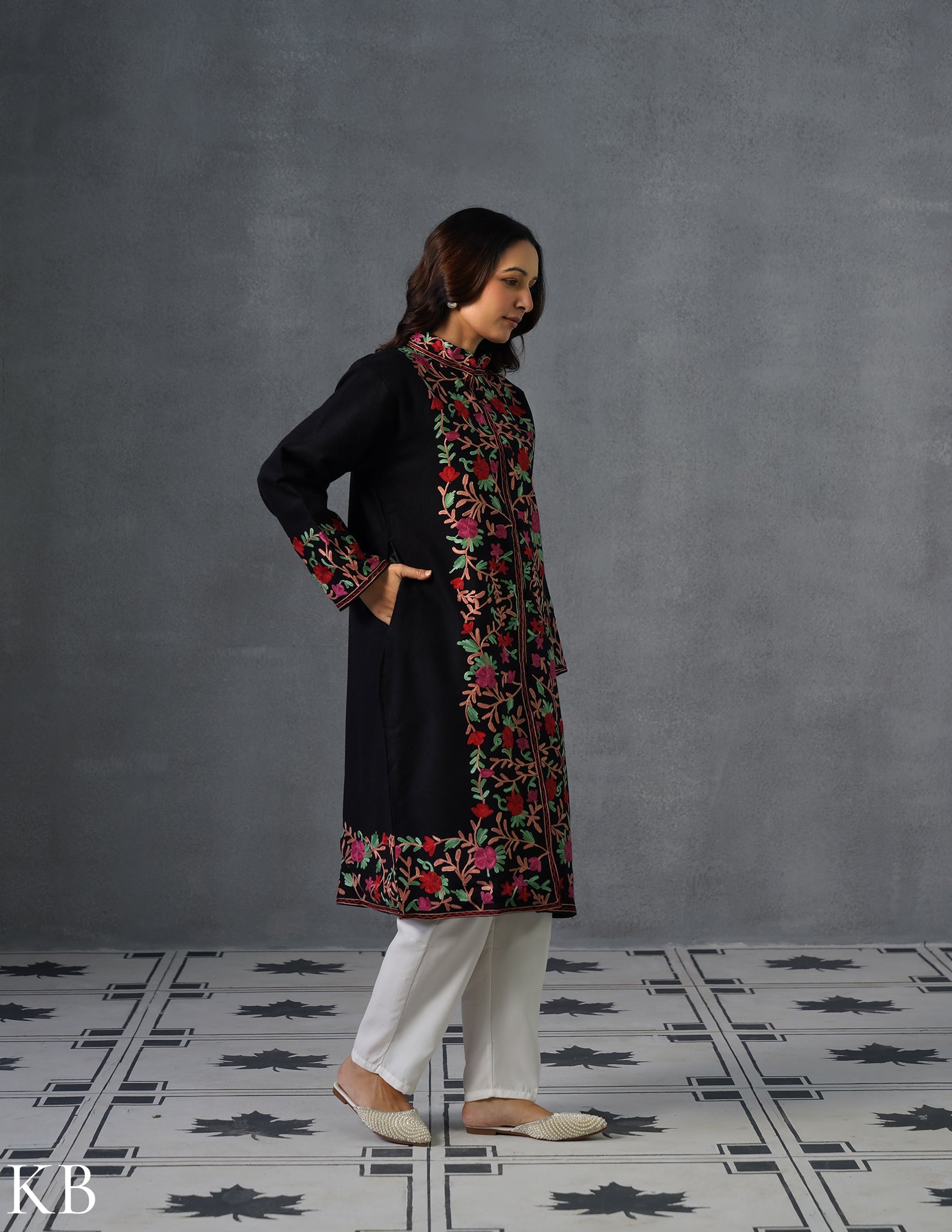 Nayaab Kashmiri Aari Embroidered Winter Jacket – Black | Festive Wear - Kashmir Box