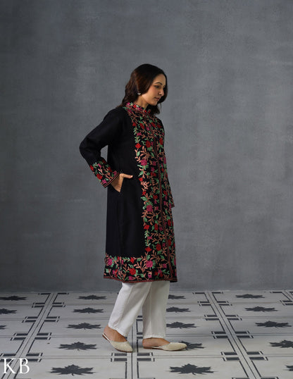 Nayaab Kashmiri Aari Embroidered Winter Jacket – Black | Festive Wear - Kashmir Box