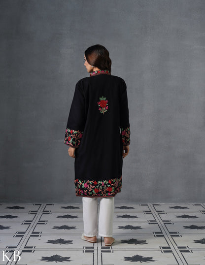 Nayaab Kashmiri Aari Embroidered Winter Jacket – Black | Festive Wear - Kashmir Box