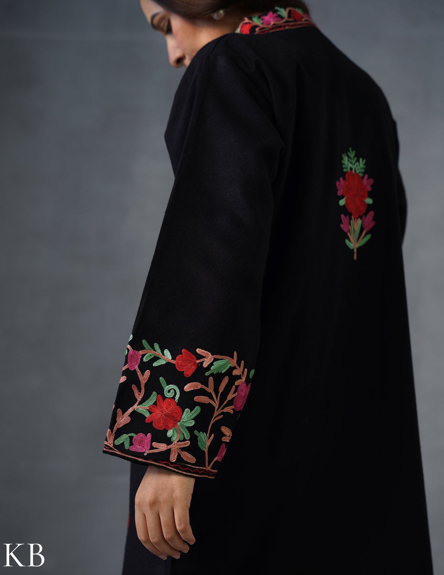 Nayaab Kashmiri Aari Embroidered Winter Jacket – Black | Festive Wear - Kashmir Box