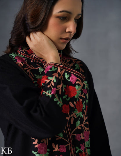 Nayaab Kashmiri Aari Embroidered Winter Jacket – Black | Festive Wear - Kashmir Box