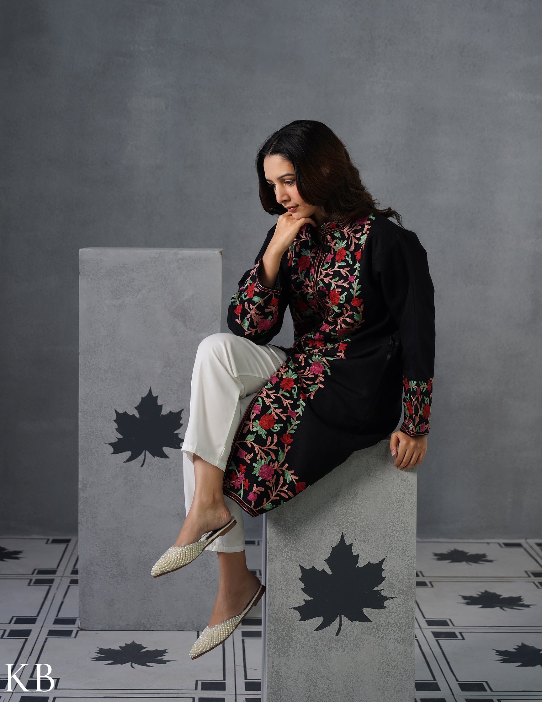 Nayaab Kashmiri Aari Embroidered Winter Jacket – Black | Festive Wear - Kashmir Box