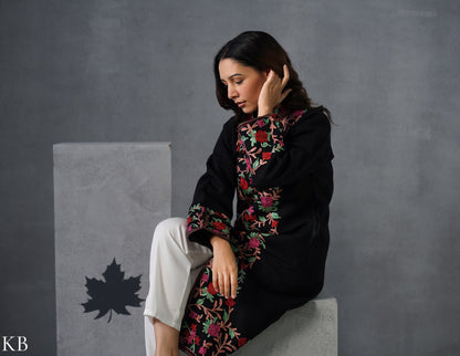 Nayaab Kashmiri Aari Embroidered Winter Jacket – Black | Festive Wear - Kashmir Box