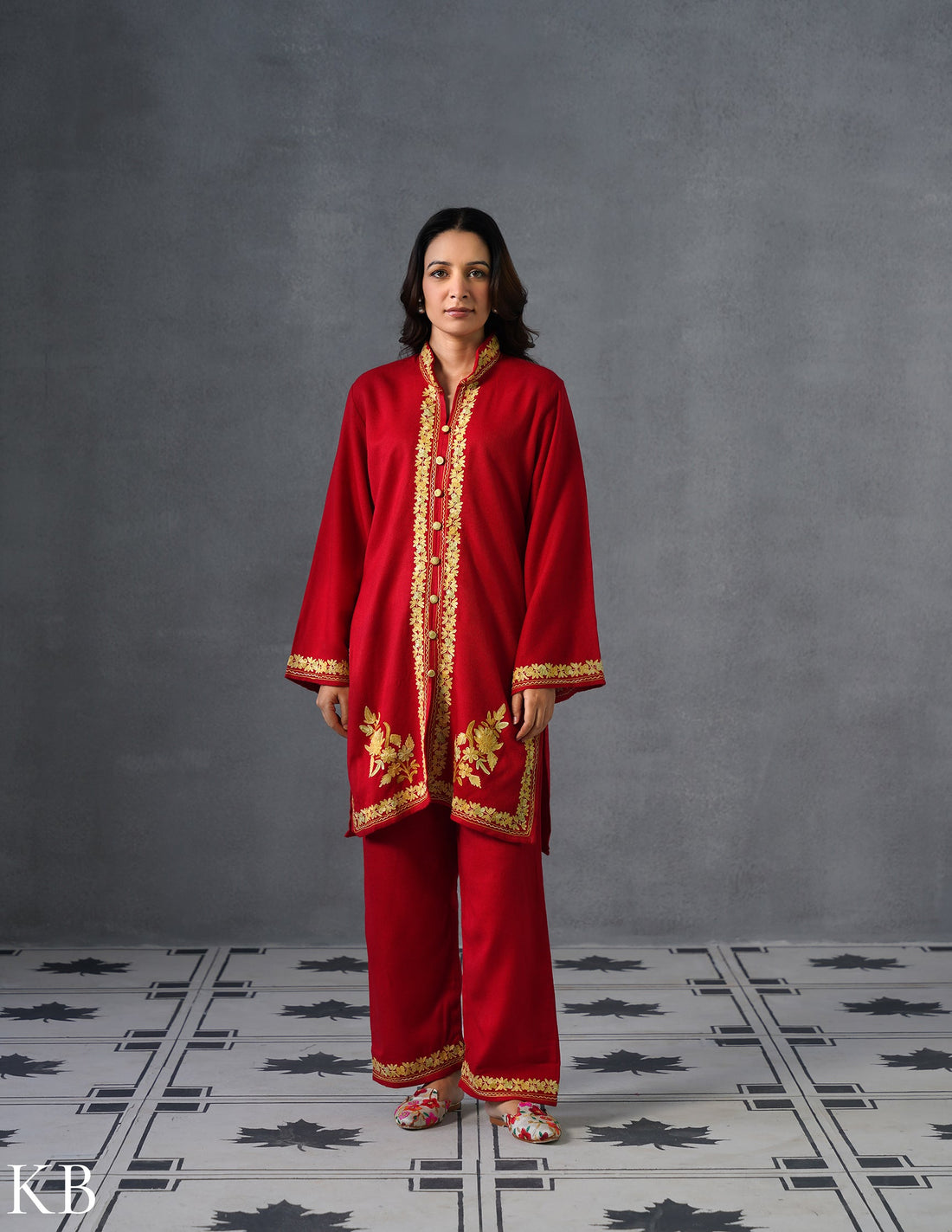 Kashmiri Golden Brown Aari Embroidered Woollen Coordset – Red | Festive Winter Wear - Kashmir Box