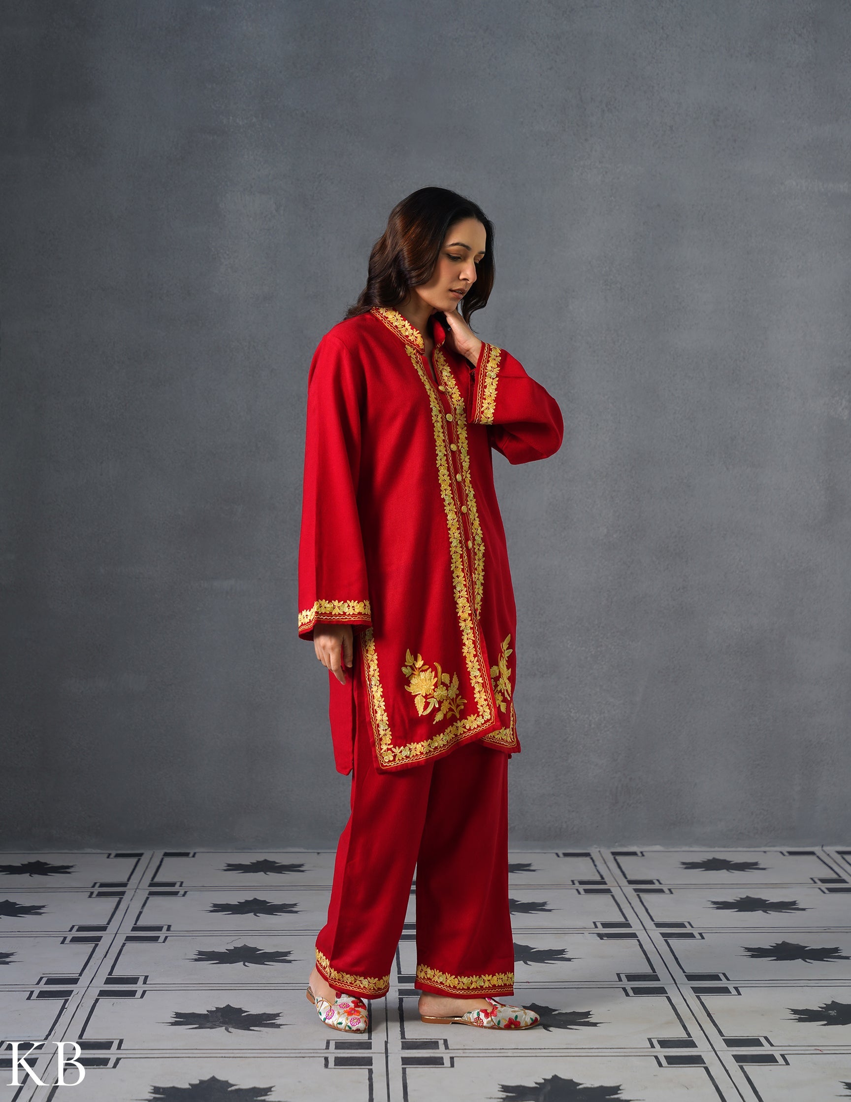 Kashmiri Golden Brown Aari Embroidered Woollen Coordset – Red | Festive Winter Wear - Kashmir Box