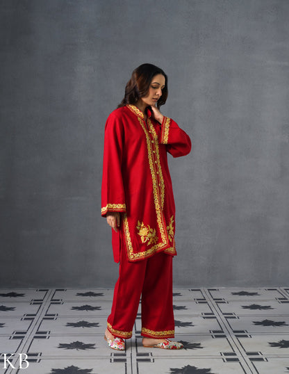 Kashmiri Golden Brown Aari Embroidered Woollen Coordset – Red | Festive Winter Wear - Kashmir Box