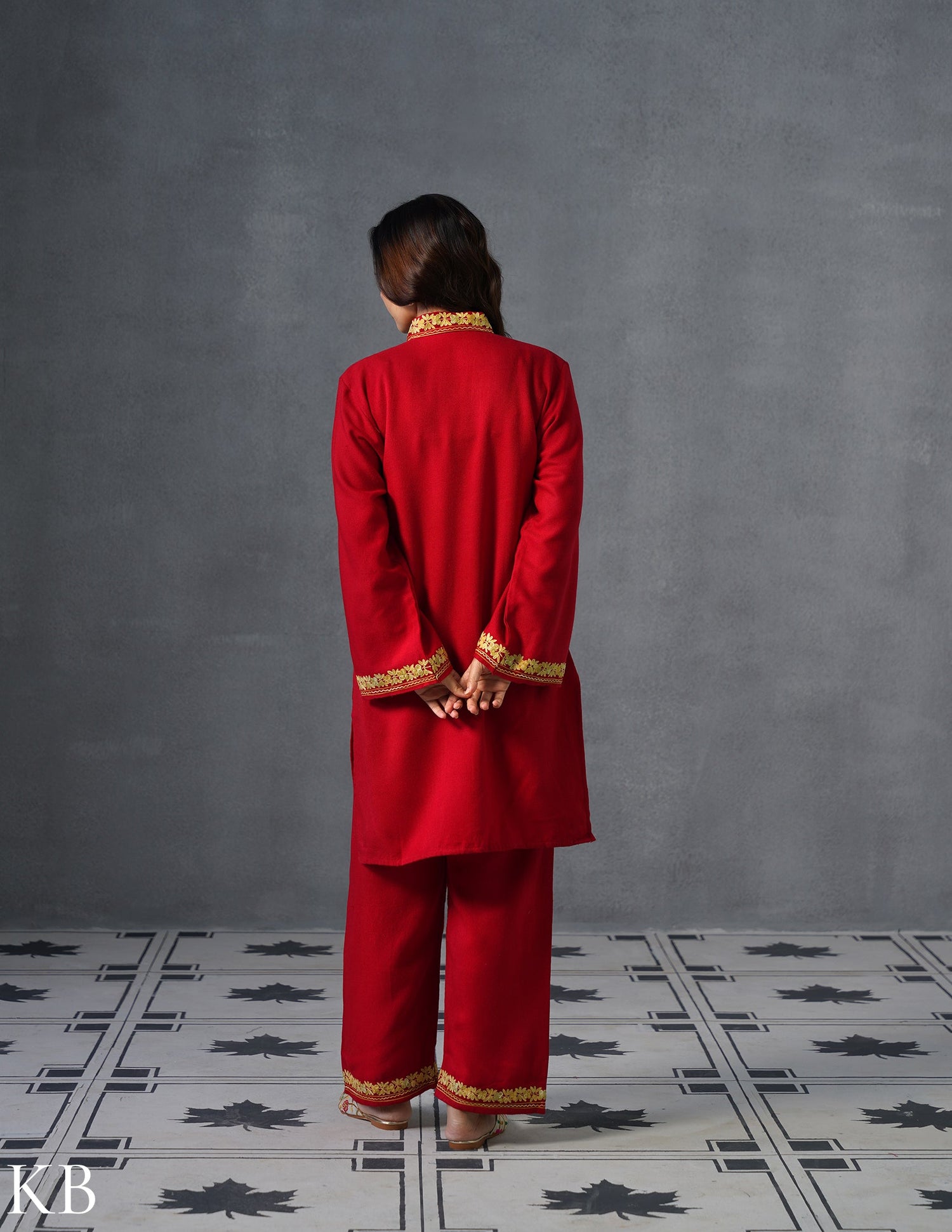 Kashmiri Golden Brown Aari Embroidered Woollen Coordset – Red | Festive Winter Wear - Kashmir Box