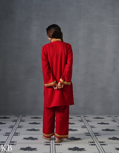 Kashmiri Golden Brown Aari Embroidered Woollen Coordset – Red | Festive Winter Wear - Kashmir Box