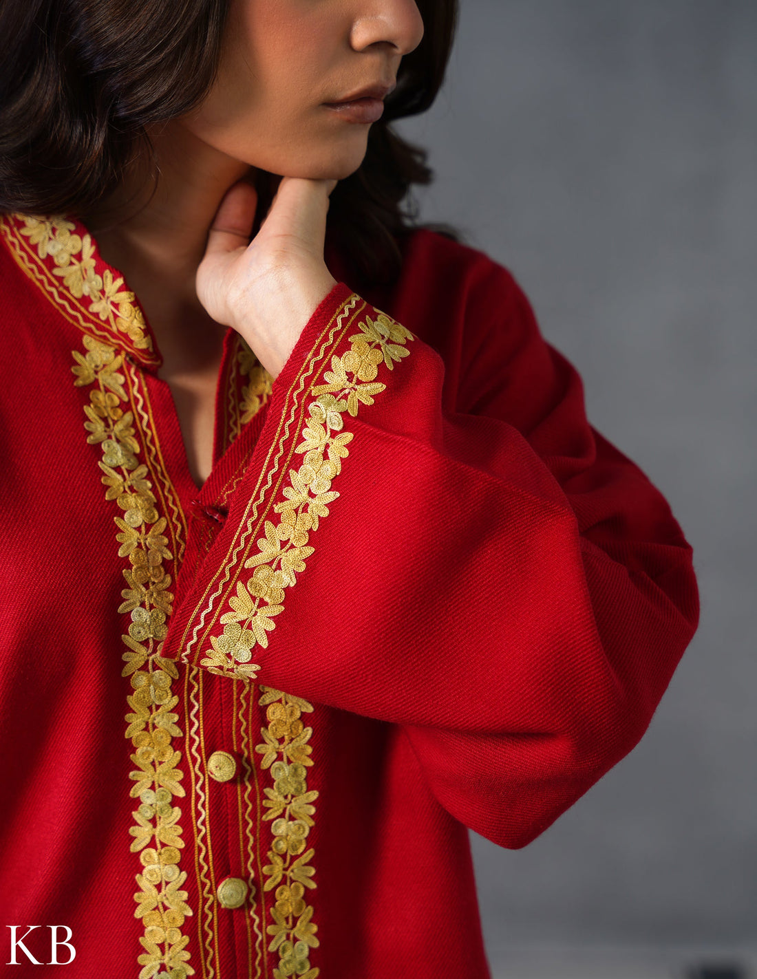 Kashmiri Golden Brown Aari Embroidered Woollen Coordset – Red | Festive Winter Wear - Kashmir Box
