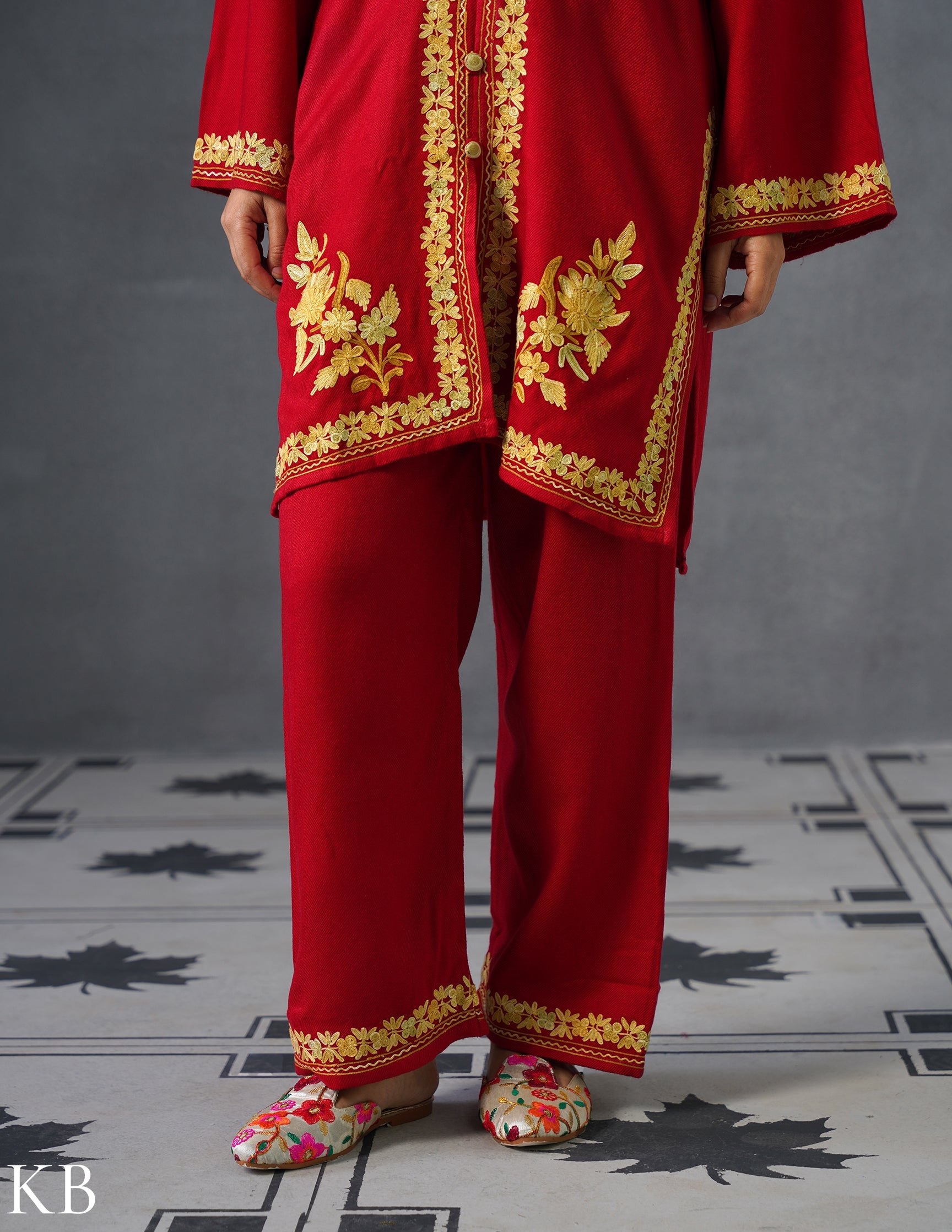 Kashmiri Golden Brown Aari Embroidered Woollen Coordset – Red | Festive Winter Wear - Kashmir Box