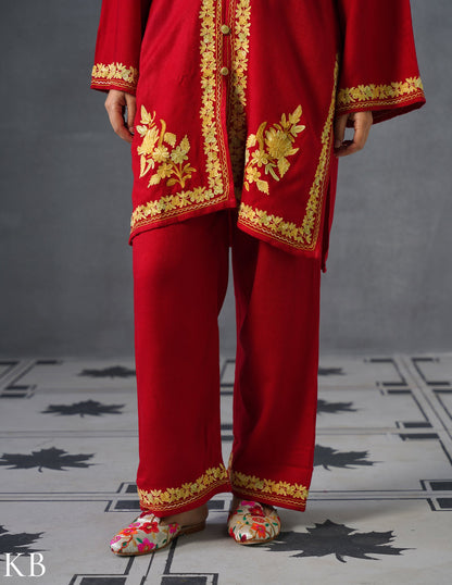 Kashmiri Golden Brown Aari Embroidered Woollen Coordset – Red | Festive Winter Wear - Kashmir Box