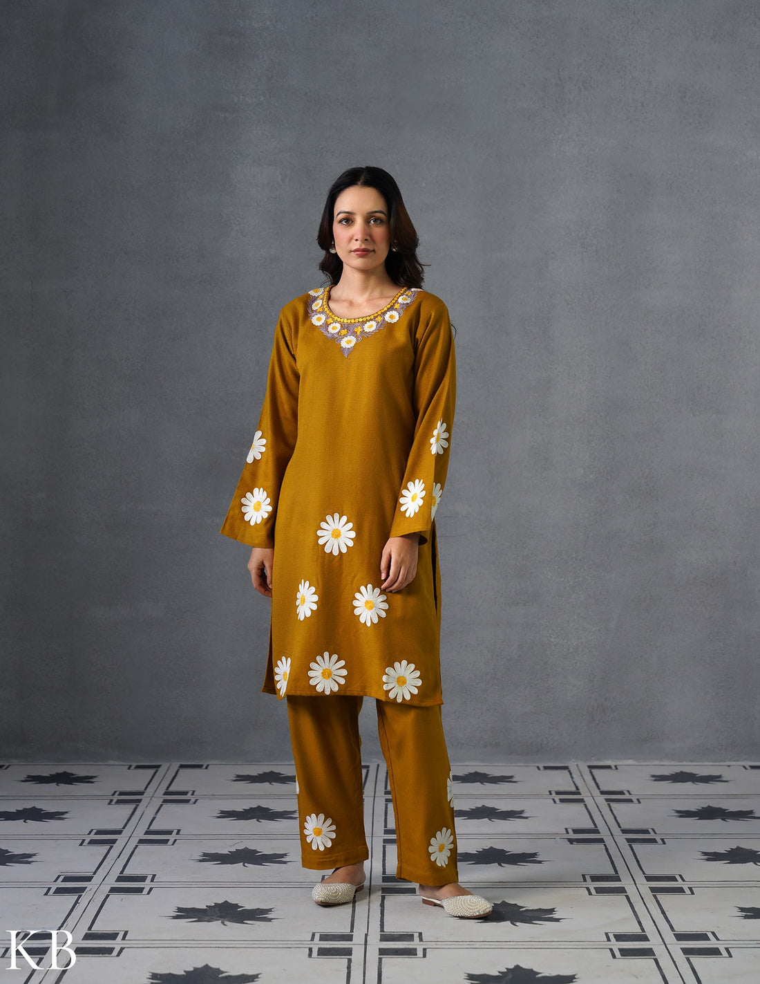 Kashmiri White, Grey &amp; Yellow Aari Embroidered Woollen Coordset – Mustard | Everyday Winter Wear - Kashmir Box