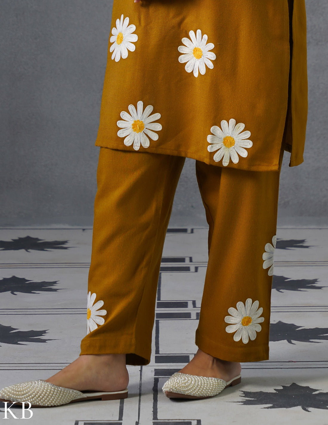 Kashmiri White, Grey &amp; Yellow Aari Embroidered Woollen Coordset – Mustard | Everyday Winter Wear