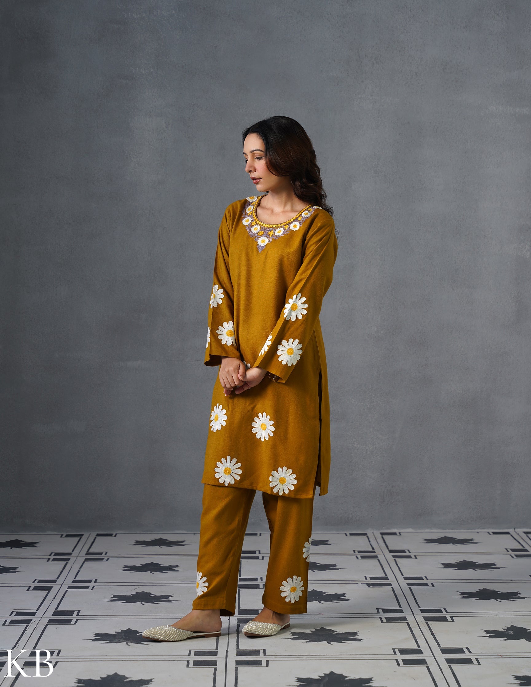 Kashmiri White, Grey &amp; Yellow Aari Embroidered Woollen Coordset – Mustard | Everyday Winter Wear - Kashmir Box