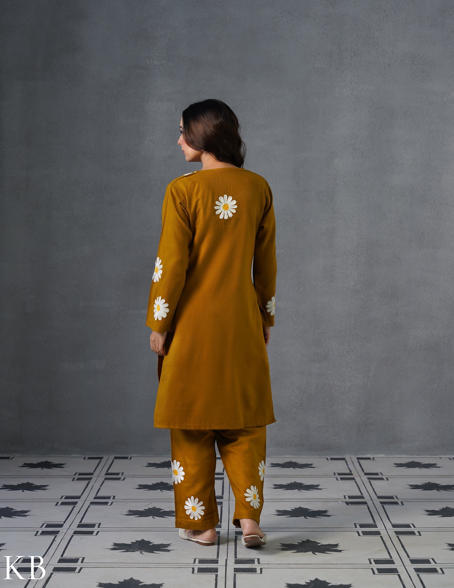 Kashmiri White, Grey &amp; Yellow Aari Embroidered Woollen Coordset – Mustard | Everyday Winter Wear - Kashmir Box