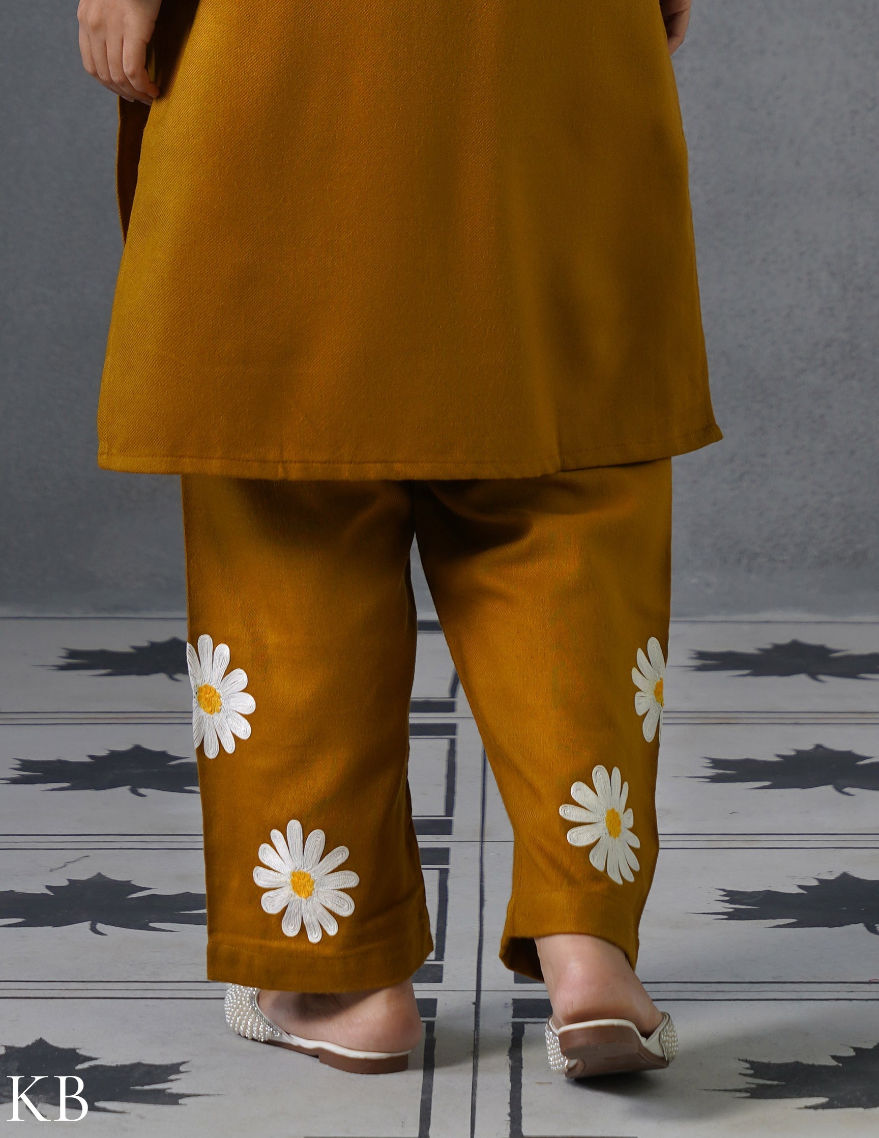 Kashmiri White, Grey &amp; Yellow Aari Embroidered Woollen Coordset – Mustard | Everyday Winter Wear