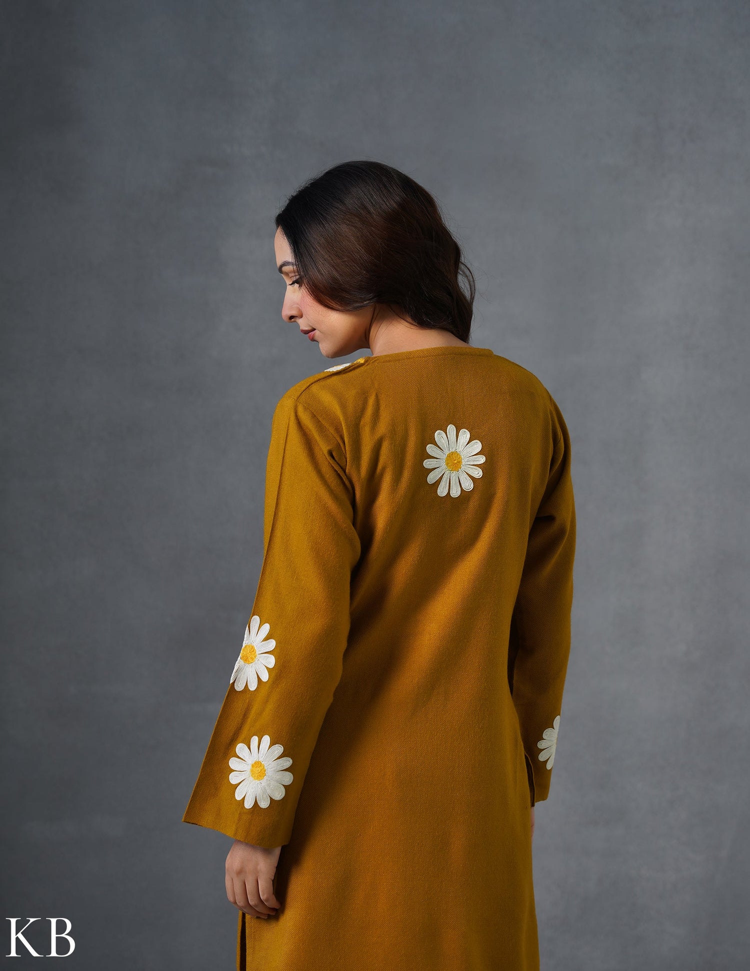 Kashmiri White, Grey &amp; Yellow Aari Embroidered Woollen Coordset – Mustard | Everyday Winter Wear - Kashmir Box