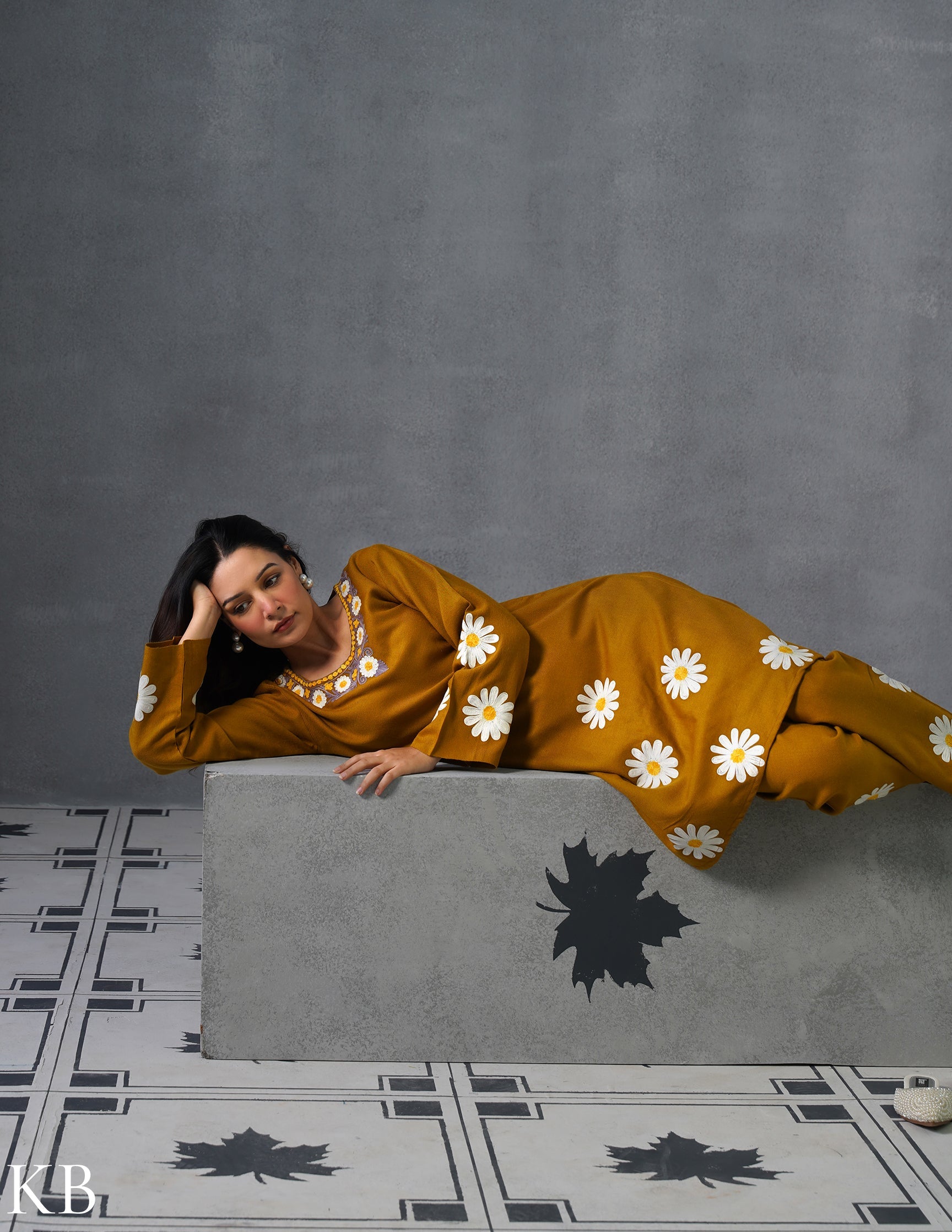 Kashmiri White, Grey &amp; Yellow Aari Embroidered Woollen Coordset – Mustard | Everyday Winter Wear - Kashmir Box